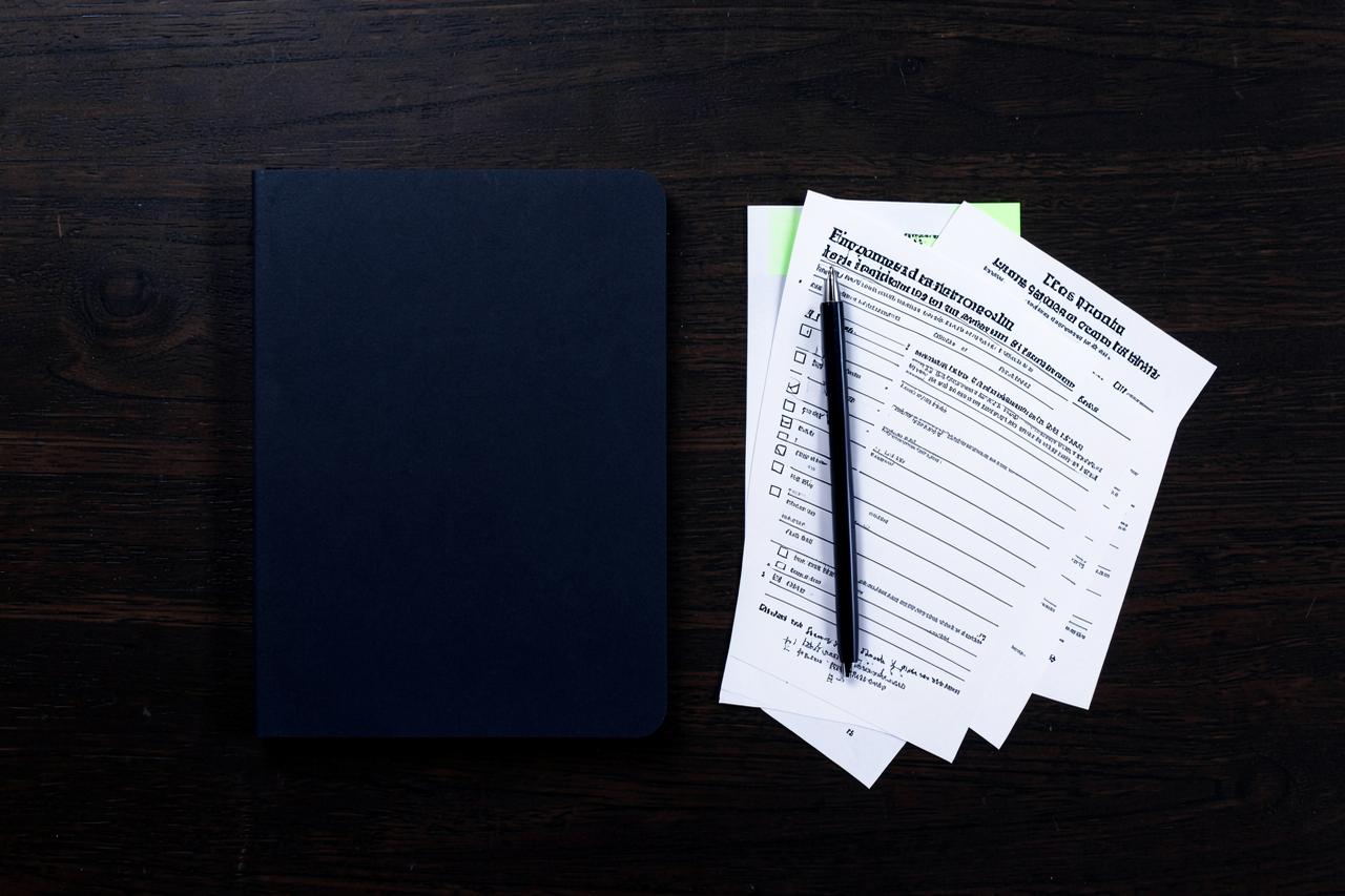 Mesa de madeira escura com caderno, caneta e checklists impressos